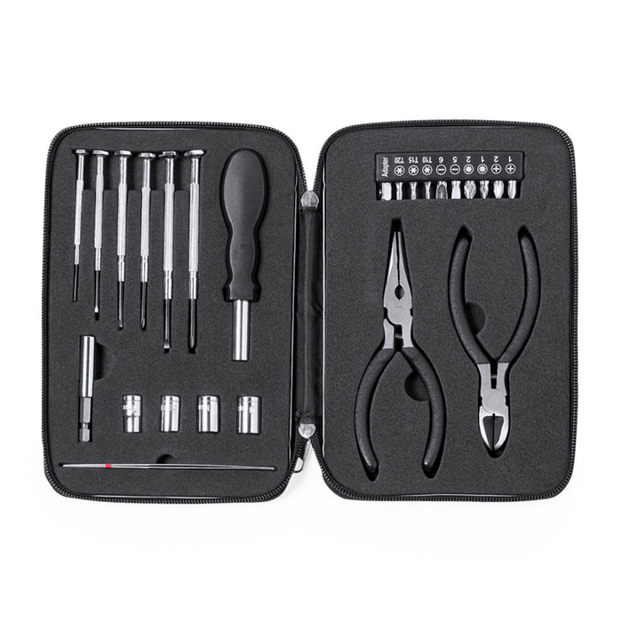 Set di attrezzi Ambery con 25 accessori in custodia di alluminio.