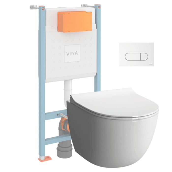 Pack WC suspendu VITRA Sento blanc + bâti autoportant V-Fix Core + Plaque Round Blanche