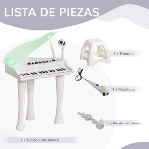 Piano Electrónico Infantil de 32 Teclas Juego de Piano con Micrófono Taburete Luces 22 Canciones 4 Sonidos Patas Desmontables y Volumen Ajustable 37x30,5x60,4 cm Blanco