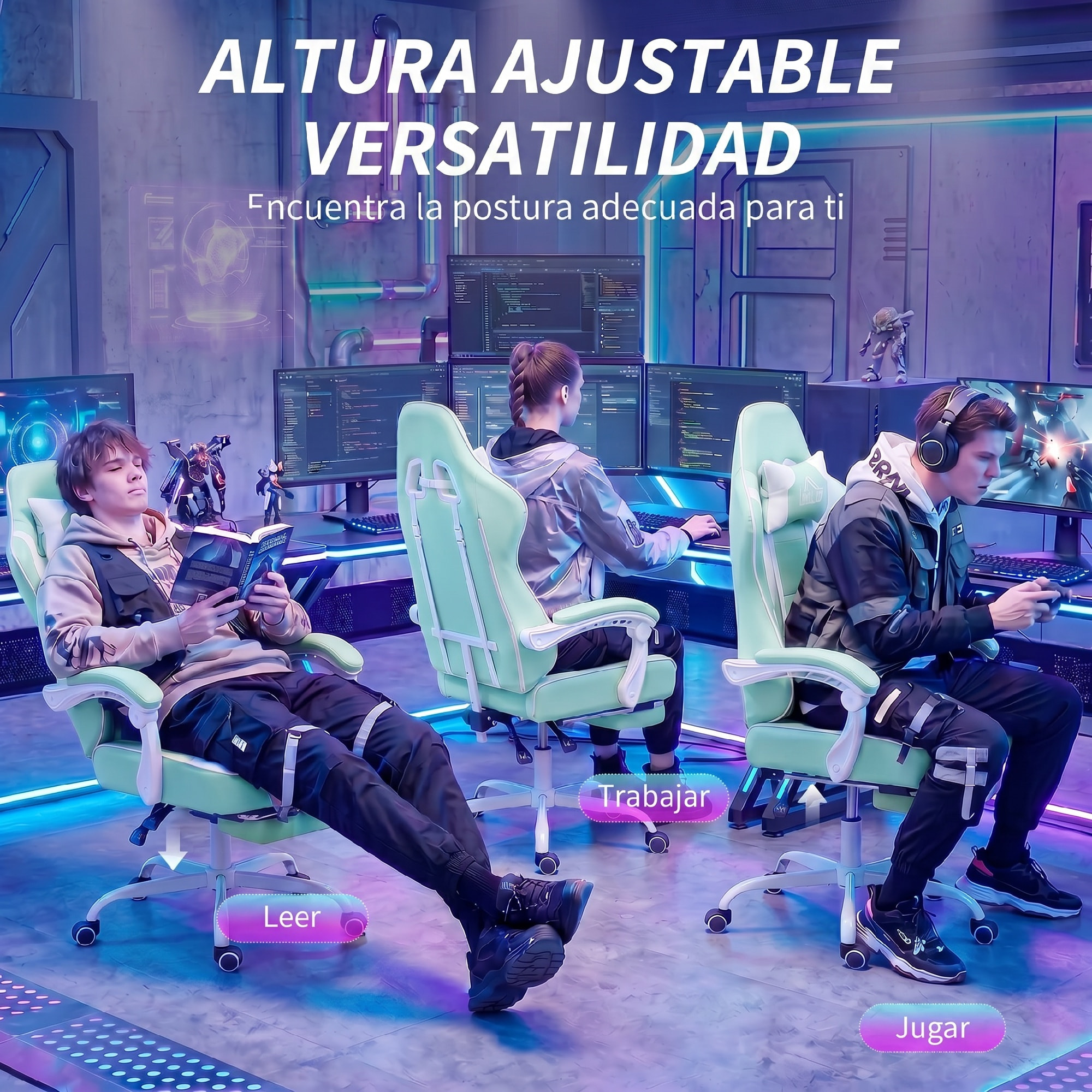Silla Gaming Ergonómica, Silla Gamer con Lumbar Masaje Vibración, Reclinable 155°, Altura Ajustable, Reposacabezas y Reposapiés Retráctil, para Oficina, Estudio, Azul Claro