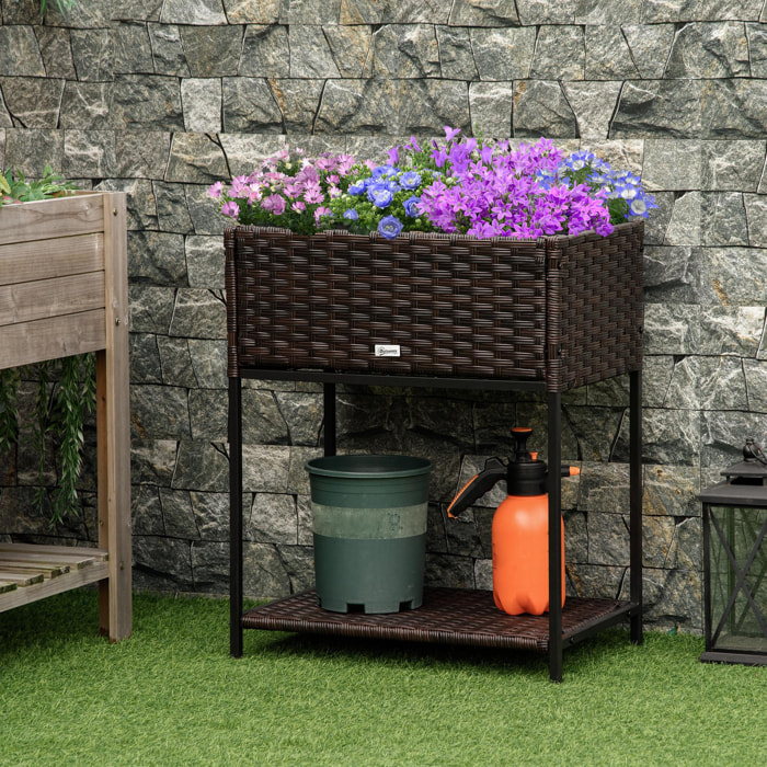 Jardinière sur pieds - carré potager avec étagère, feutre de drainage - dim. 64L x 42l x 78,5H cm - résine tressée aspect rotin chocolat