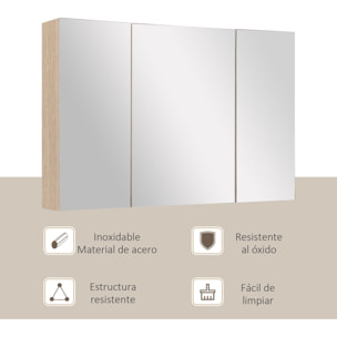 Armario de Baño con Espejo Mueble Espejo para Baño con 3 Puertas y Estantes Ajustables para Aseo Dormitorio Estilo Moderno 90x60x13,5 cm Roble