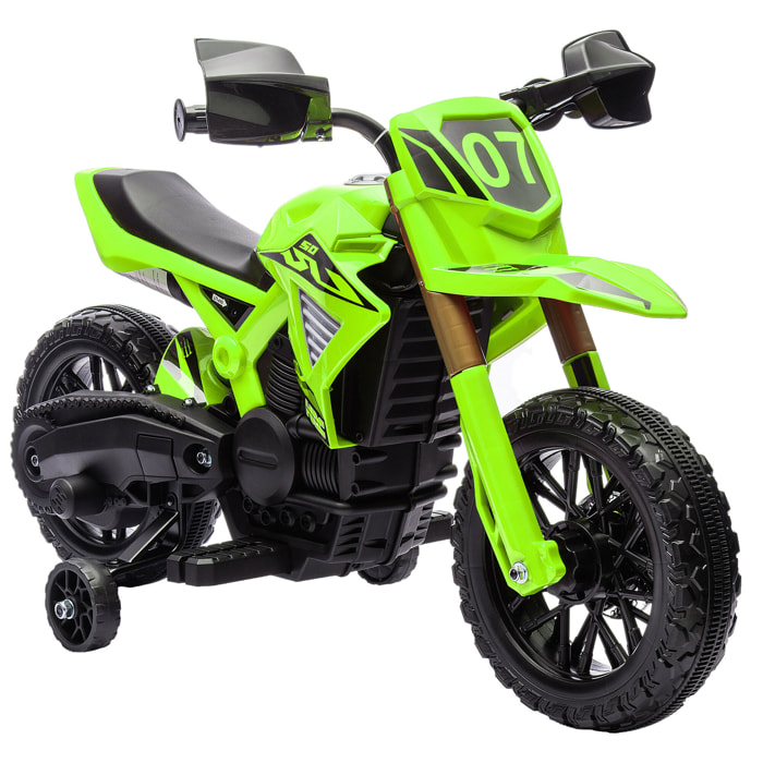 Moto Cross électrique enfant 6 V 2 moteurs effets sonores max. 3 Km/h 30 Kg avec stabilisateurs vert