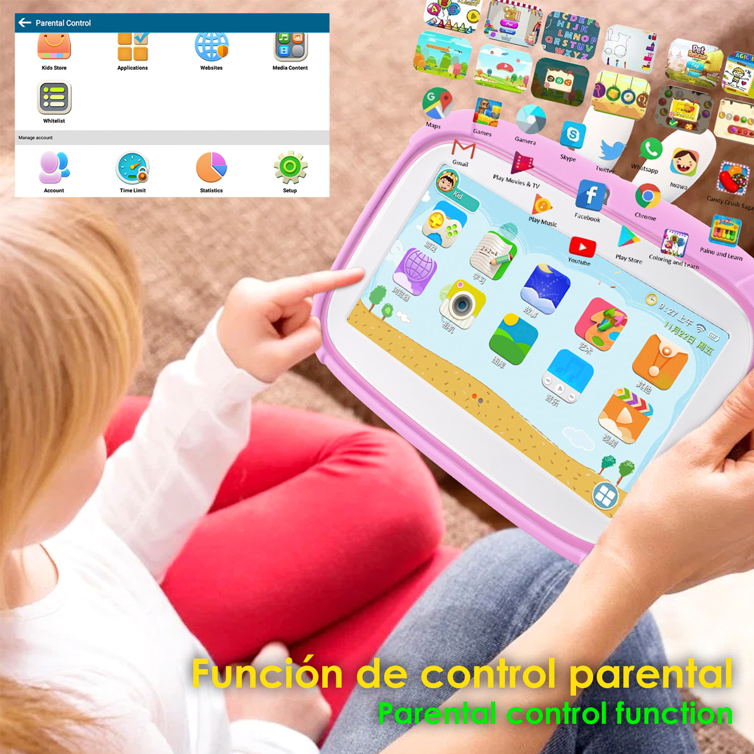 A133 Tablet WiFi per bambini. Sistema operativo Android 11. Schermo da 7'' 1024x600px. ARM Cortex™ A53 quad-core. 2 GB di RAM + 32 GB. Doppia fotocamera.