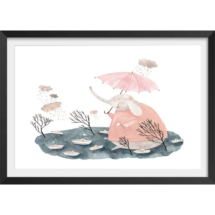 Affiche enfant jour de pluie chez madame éléphant  Affiche + cadre en bois - Noir