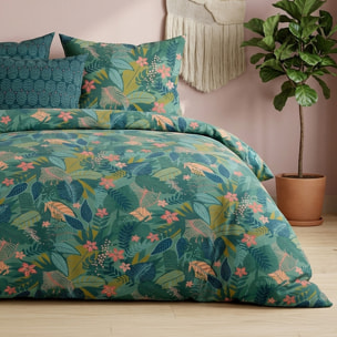 Parure housse de couette 100% percale de coton motif feuillages vert - ZELYA