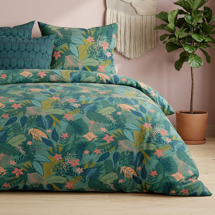 Parure housse de couette 100% percale de coton motif feuillages vert - ZELYA