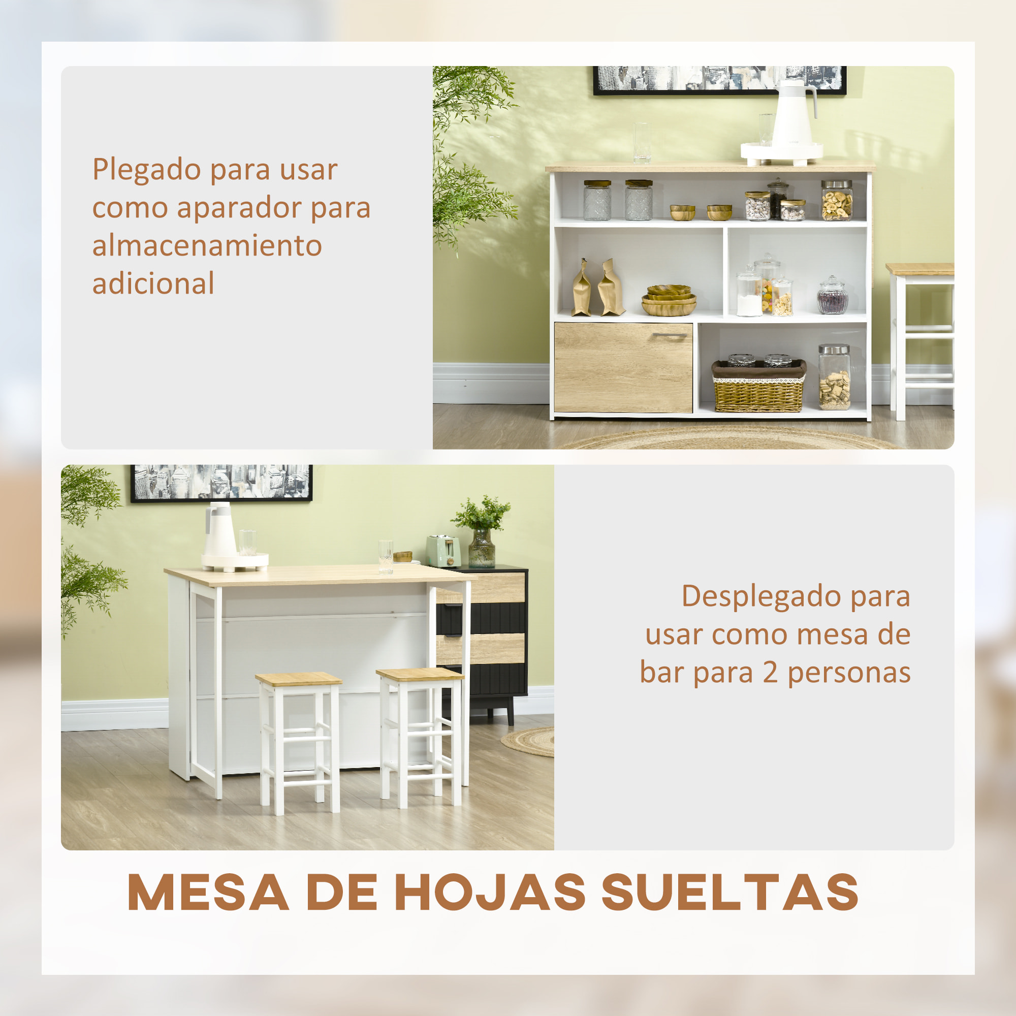 Mesa de Bar Extensible con Ala Plegable Mesa de Bistró con Compartimientos de Almacenamiento y 1 Puerta para Cocina Comedor 116x79,5x91 cm Blanco