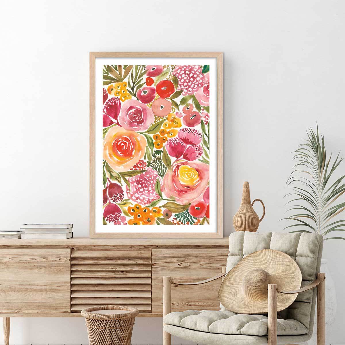 Poster fleurs pivoine Affiche + cadre en bois - Chêne
