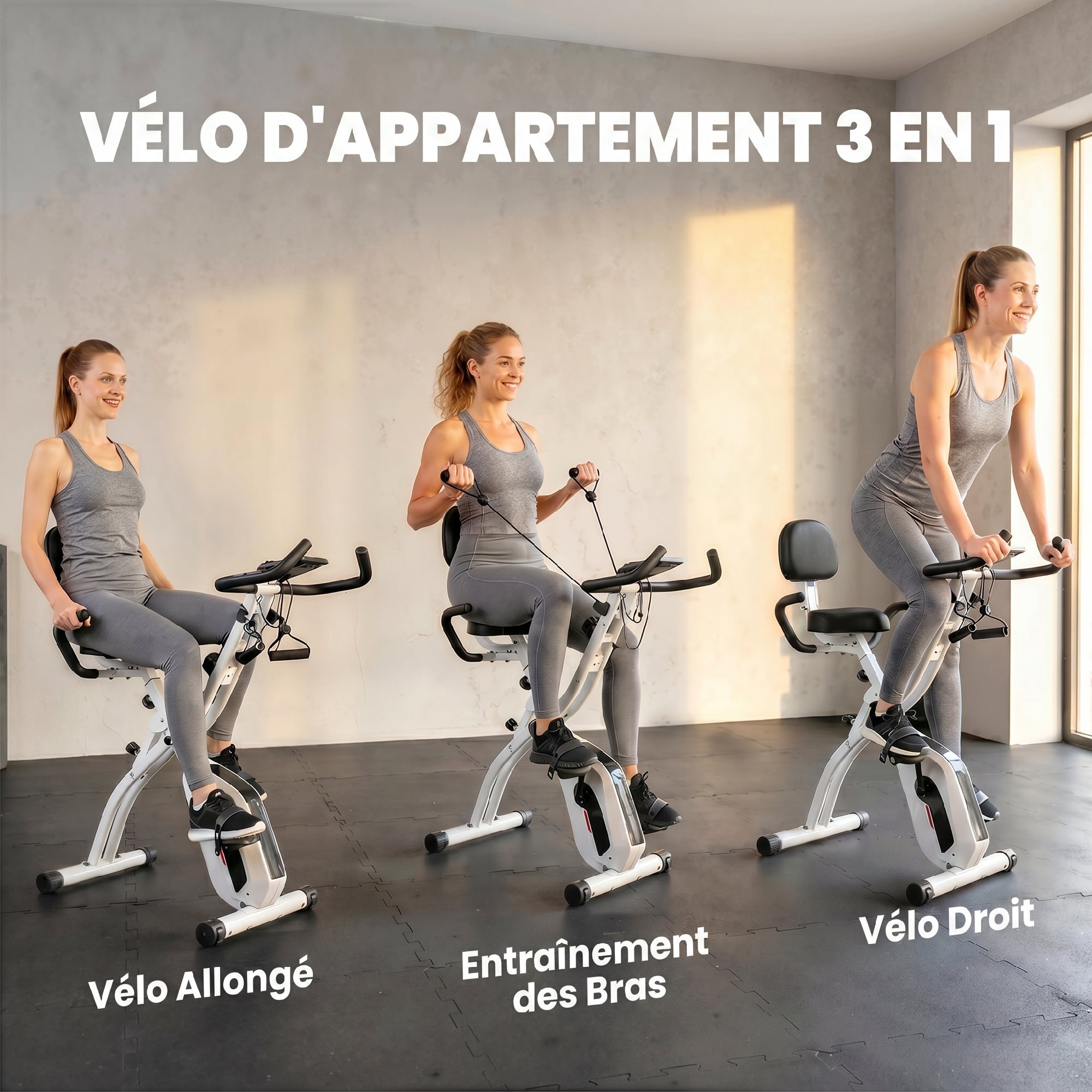 Vélo d'appartement pliable 3-en-1 classique semi-allongé bandes de résistance blanc