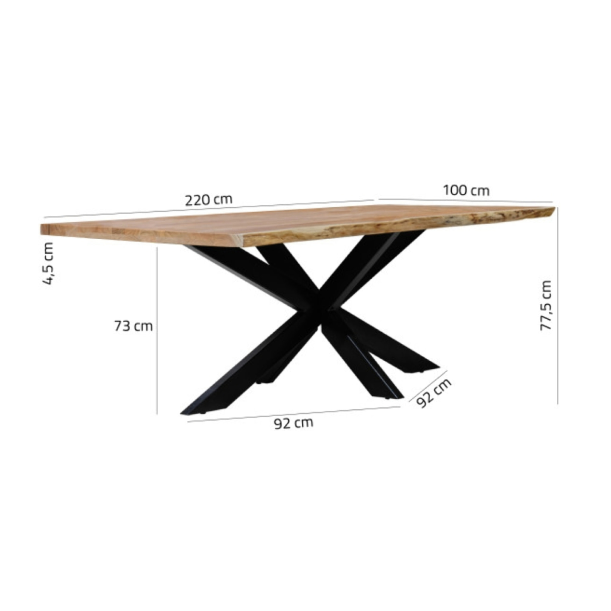 Table de repas en bois d'acacia massif et pied central métal - 220 x 100 cm - WOOD
