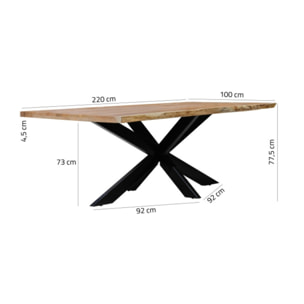 Table de repas en bois d'acacia massif et pied central métal - 220 x 100 cm - WOOD