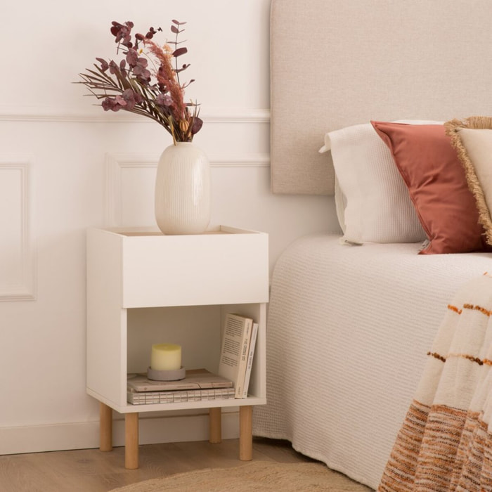 Table de chevet Canes -tableau technique stratifié-couleur blanc mat/naturel 40 x 60 x 35 cm