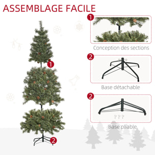 Sapin de Noël artificiel Ø 87 x 180H cm - 450 branches épines imitation Nordmann grand réalisme - 28 pommes de pin - métal PVC vert