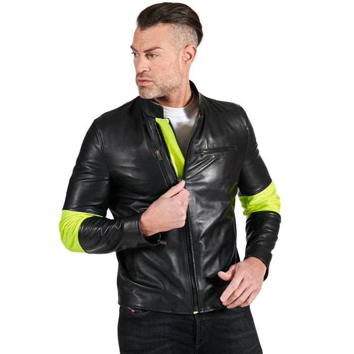 Giacca biker in pelle nera e inserti in pelle fluo effetto liscio