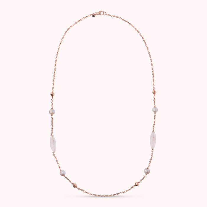 Collana Lunga con Bead Lucide, Quarzo Rosa e Perle Ming d'Acqua Dolce Ø 9/10 mm