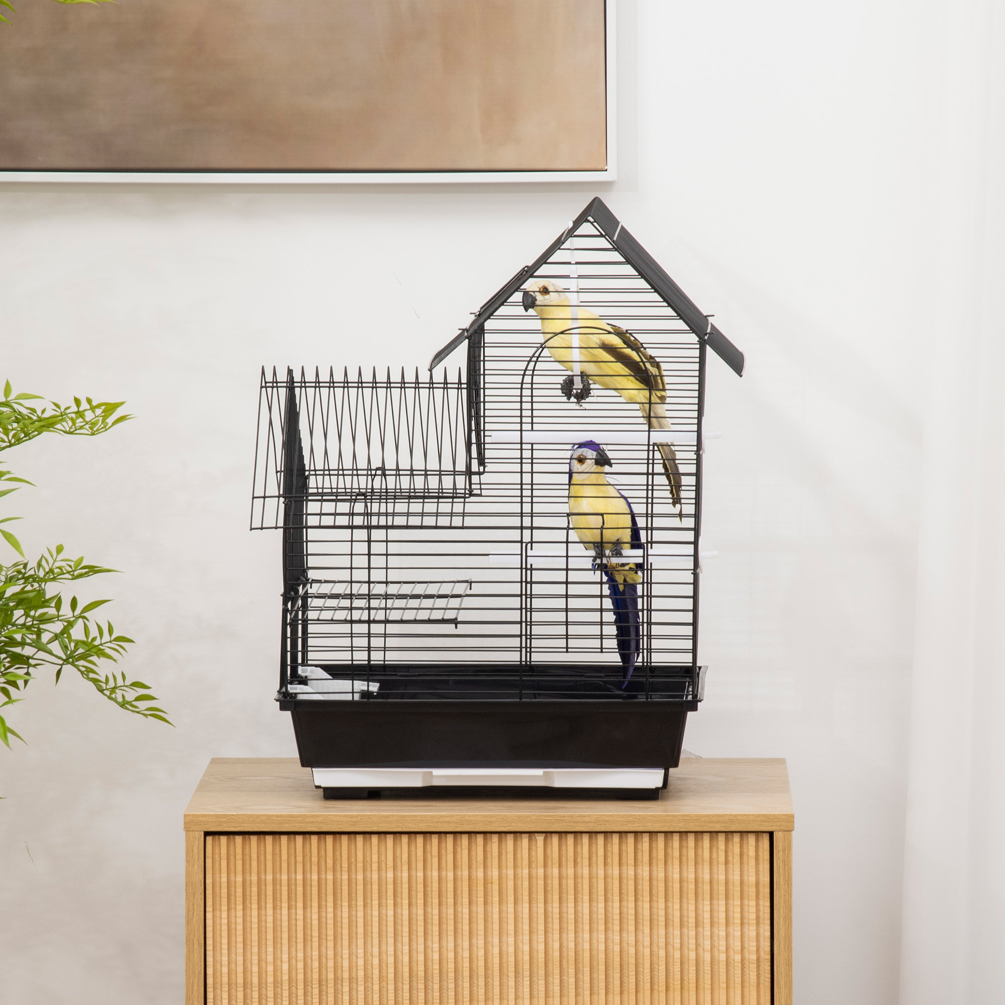 Jaula para Pájaros 39x33x47cm con 3 Puertas 2 Comederos 2 Perchas Columpio Negro