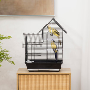 Jaula para Pájaros 39x33x47cm con 3 Puertas 2 Comederos 2 Perchas Columpio Negro