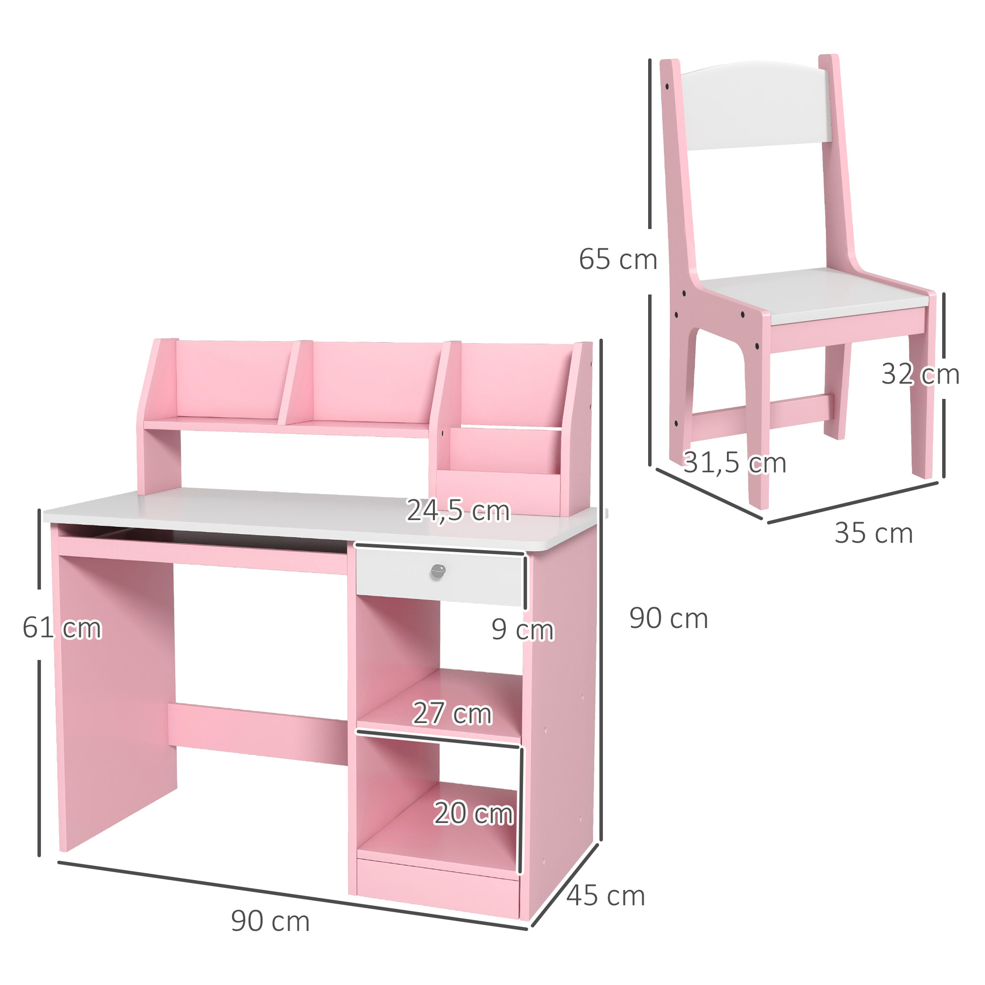 Bureau enfant multi-rangement - ensemble bureau, chaise, étagère - tiroir, plateau coulissant, 2 niches, 2 étagères, 2 présentoirs livres - rose