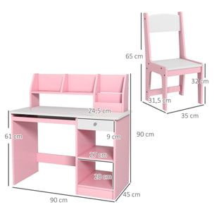 Bureau enfant multi-rangement - ensemble bureau, chaise, étagère - tiroir, plateau coulissant, 2 niches, 2 étagères, 2 présentoirs livres - rose