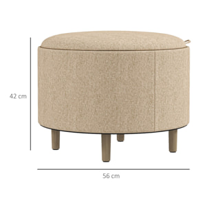 Pouf repose-pied tabouret avec coffre de rangement - plateau réversible - pieds bois tissu aspect lin beige