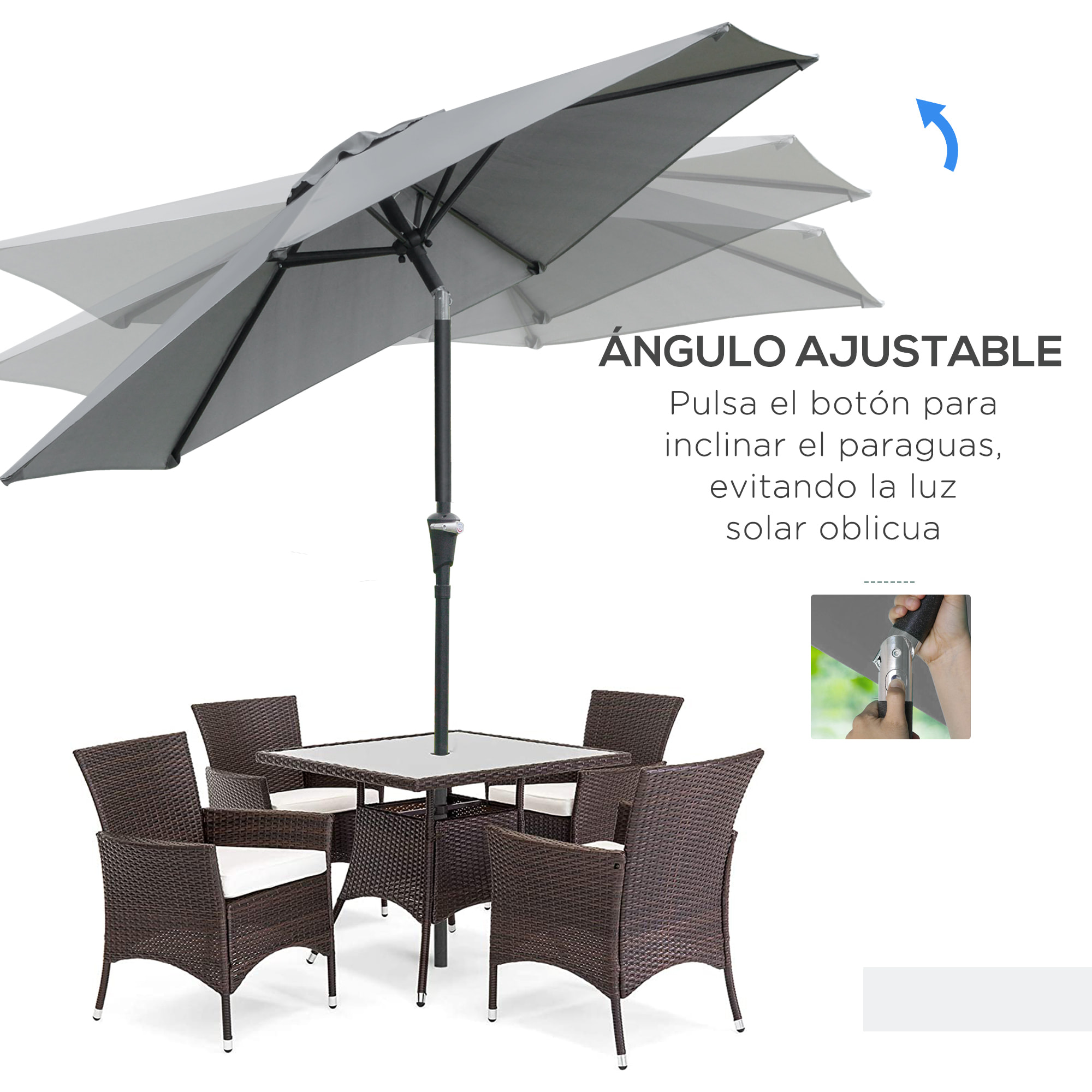 Sombrilla Terraza Exterior Ø230 cm Sombrilla de Jardín con Ángulo Ajustable y Manivela Impermeable Parasol para Patio Terraza Gris