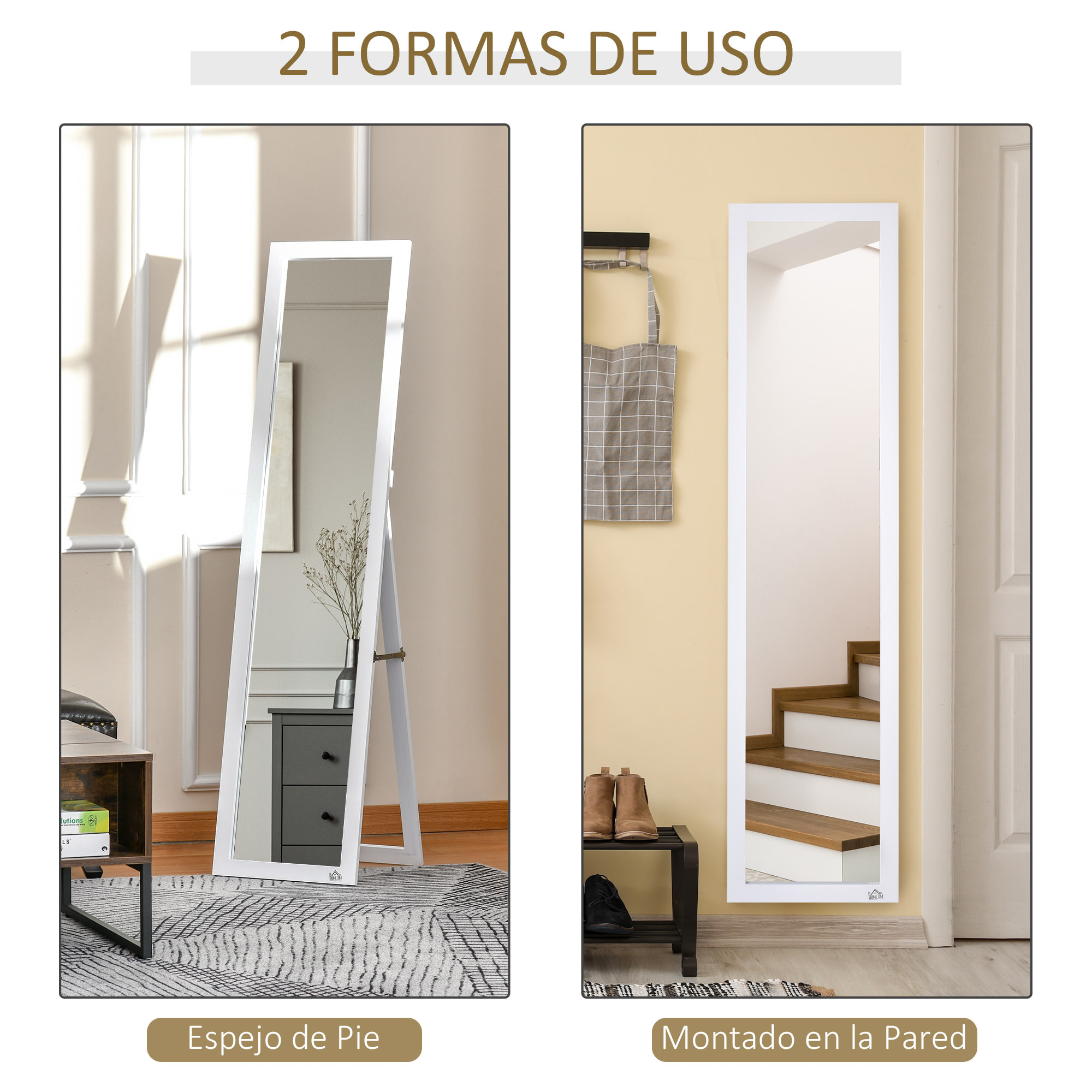 Espejo de Pie Cuerpo Entero Espejo de Pared Rectangular con 2 Formas de Uso Moderno para Pasillo Dormitorio Sala de Estar 37x37x154 cm Blanco