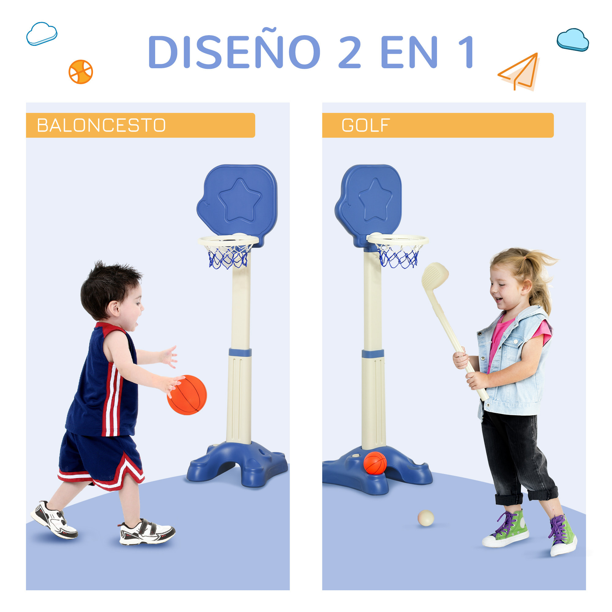 Canasta de Baloncesto Altura Ajustable 2 en 1 Juego de Golf para Niños +2 Años