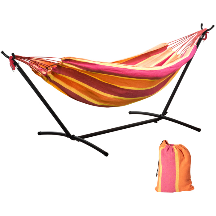 Hamaca con Soporte 310x117 cm Hamaca de Camping con Bolsa de Transporte Portátil Altura Ajustable Carga 120 kg para Patio Terraza Rayas Naranja y Rojo