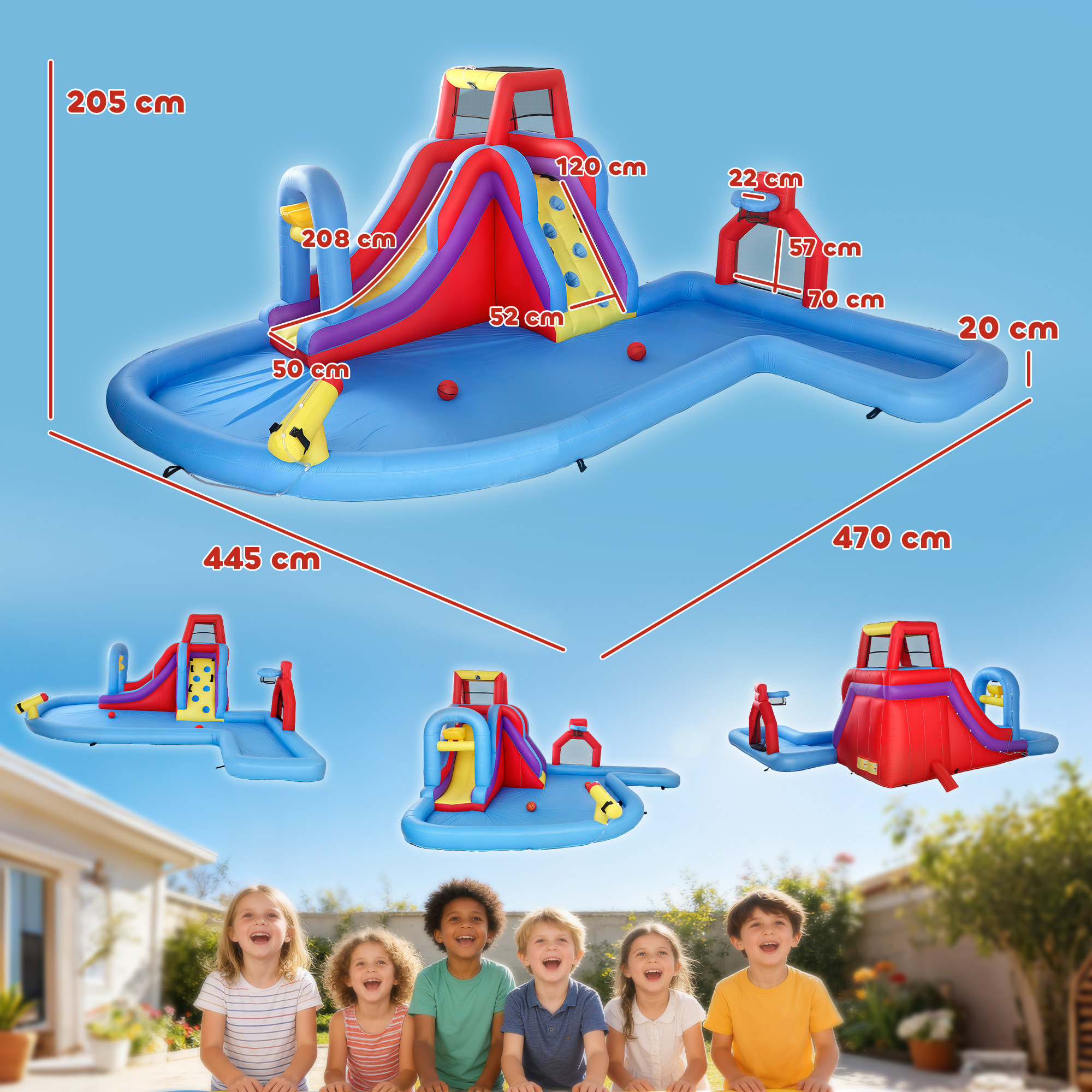 Castillo Hinchable Acuático con Soplador 550W 6 en 1 Castillo Hinchable para Niños con Tobogán Pared de Escalada Piscina Aro de Baloncesto Portería de Fútbol Exterior Interior 470x445x205 cm