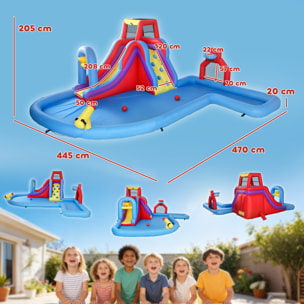 Castillo Hinchable Acuático con Soplador 550W 6 en 1 Castillo Hinchable para Niños con Tobogán Pared de Escalada Piscina Aro de Baloncesto Portería de Fútbol Exterior Interior 470x445x205 cm