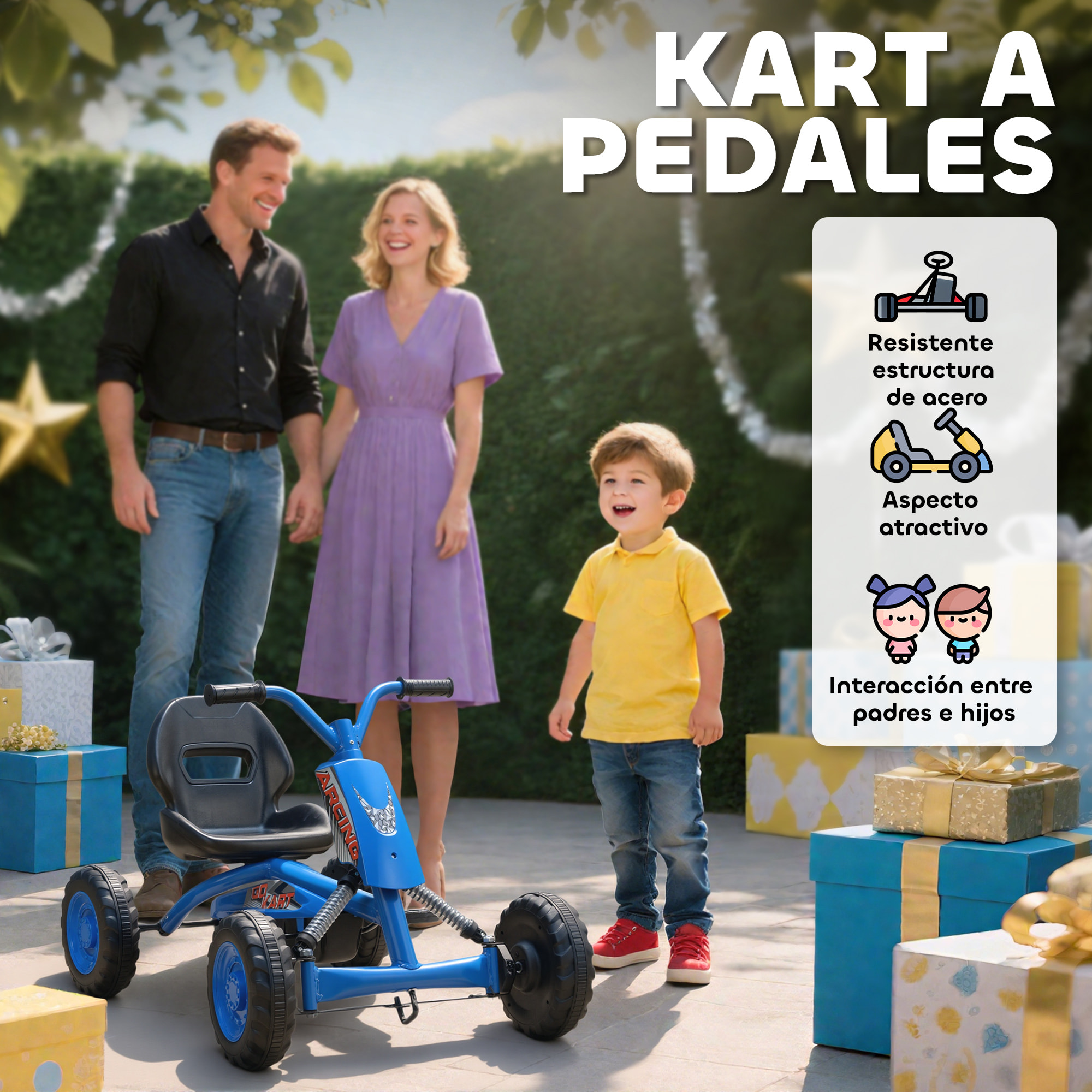 Kart Pedales, Go Kart con Ruedas PP, Marco de Acero, Carga 30 kg, para Niños y Niñas de 2-5 Años, Azul