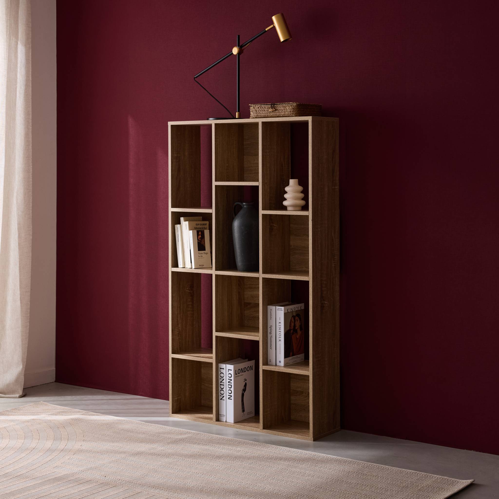 Bibliothèque design asymétrique naturelle. Pieter. 3 étagères. 12 compartiments de rangement