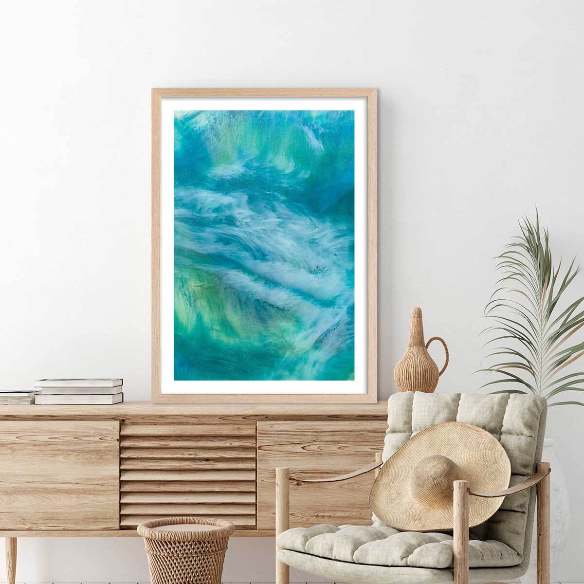 Poster bleu nebuleux Affiche + cadre en bois - Chêne