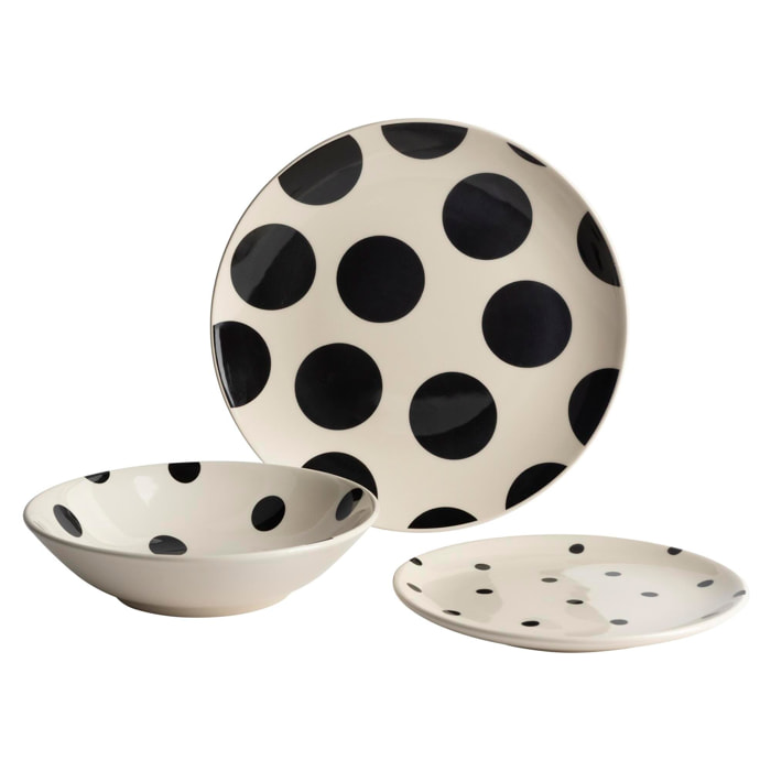 Set de vajilla de 12 piezas de gres con lunares negros (4 platos llanos 27 cm, 4 platos hondos 21 cm y 4 platos de postre 19 cm) – Dots La Maison