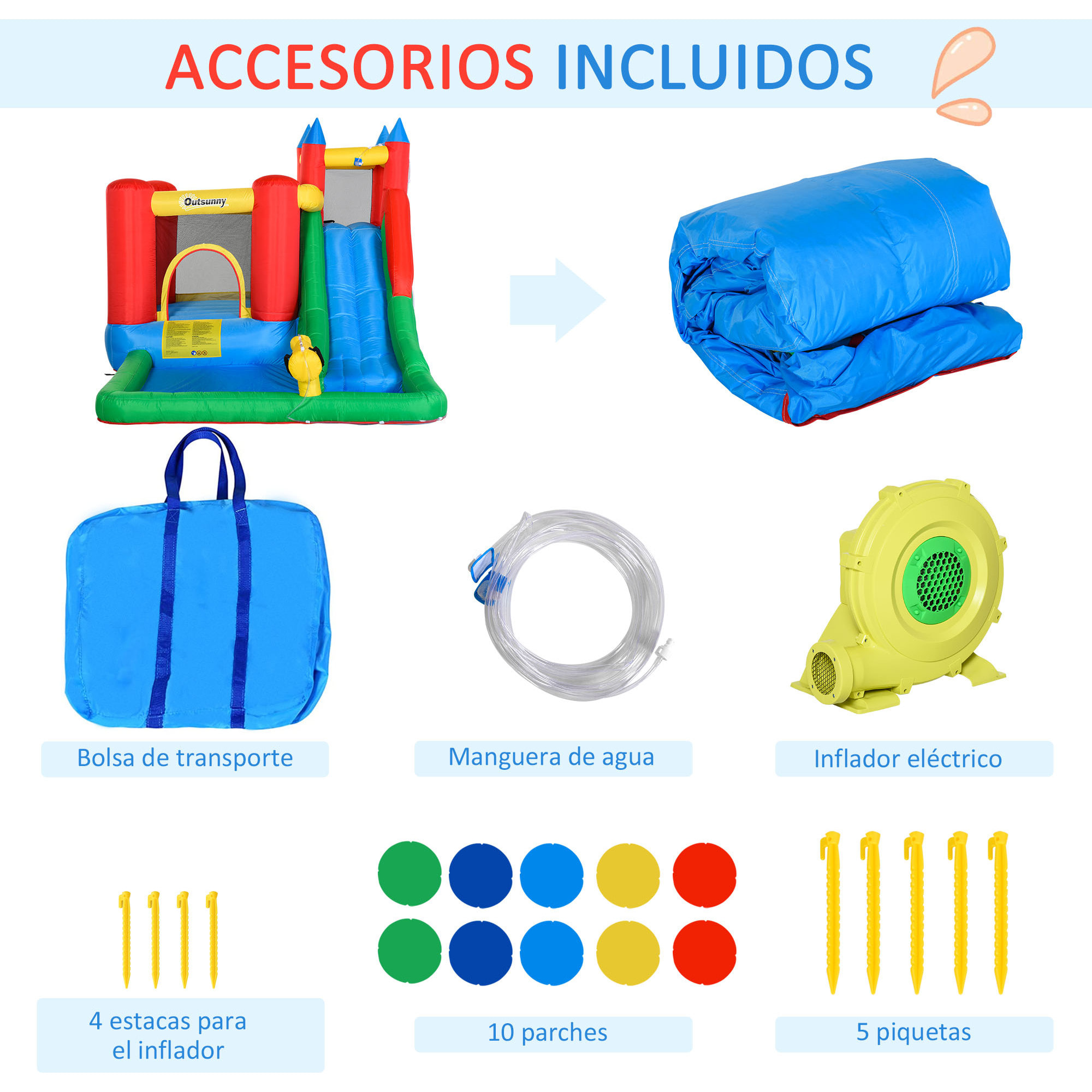 Castillo Hinchable con Tobogán Cama de Salto y Piscina para Niños +3 Años con Inflador y Bolsa de Transporte para Interior Exterior 330x245x215 cm Multicolor