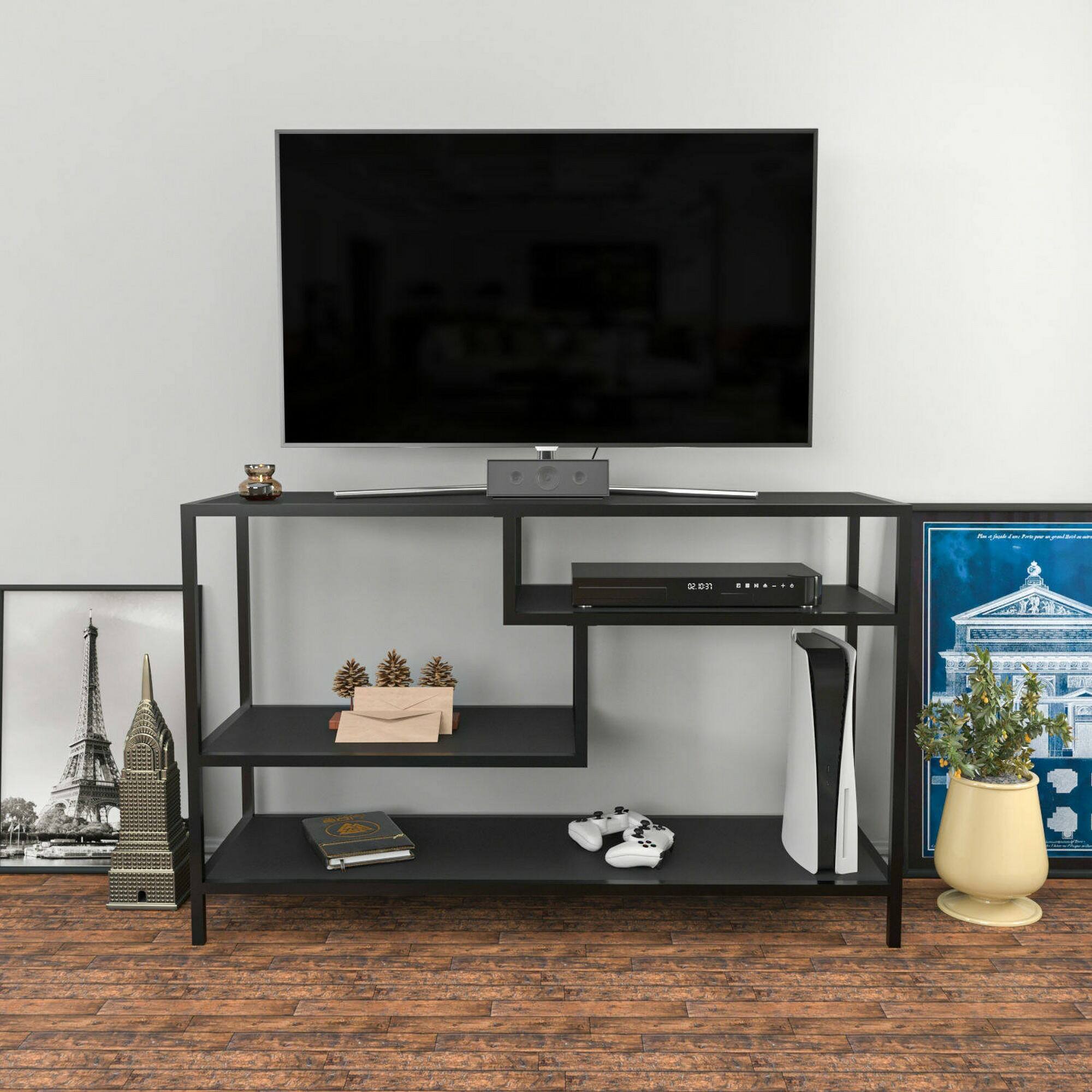 Mobile porta TV Dplizzar, Credenza da soggiorno, Armadio basso per TV, Base parete attrezzata, 120x39h75 cm, Antracite e Nero