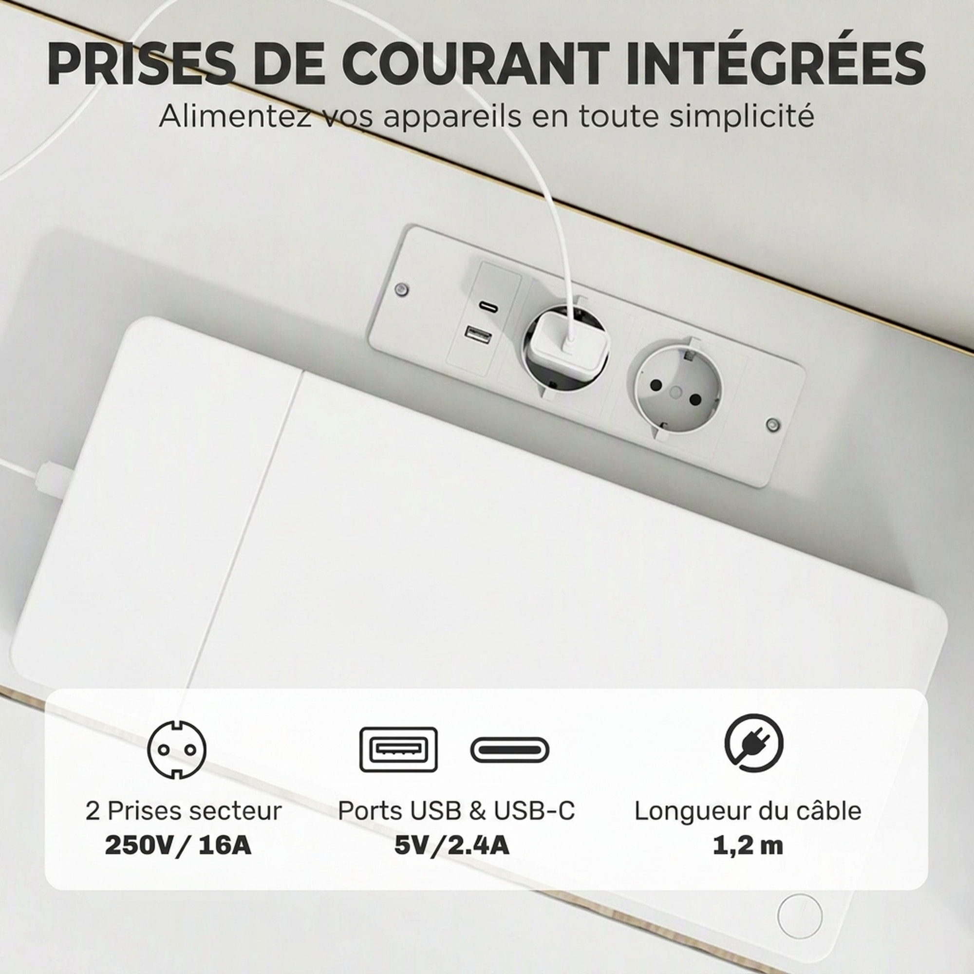 Meuble TV design suspendu flottant LED station charge intégrée blanc