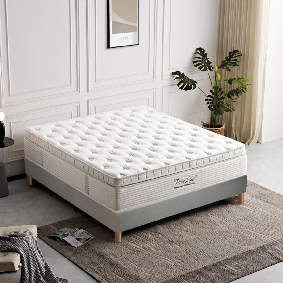 Ensemble Matelas Splendid & sommier déco| 37 cm | Mémoire de forme, mousse de maintien et ressorts ensachés | Cadre à lattes |Tissu | Gris clair