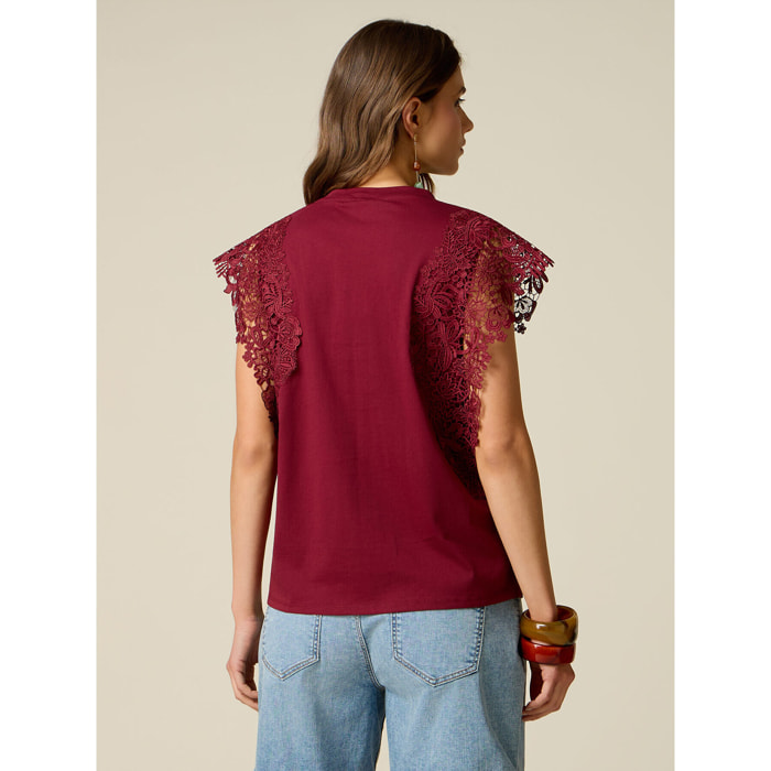 Oltre - Camiseta escote en V con encaje - Burgundy