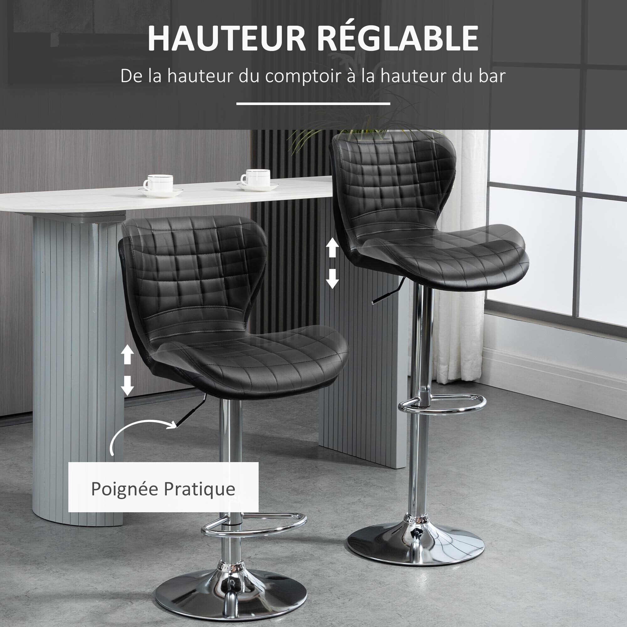 Lot de 2 tabourets de bar design contemporain hauteur d'assise réglable 59-81 cm pivotant 360° PU noir