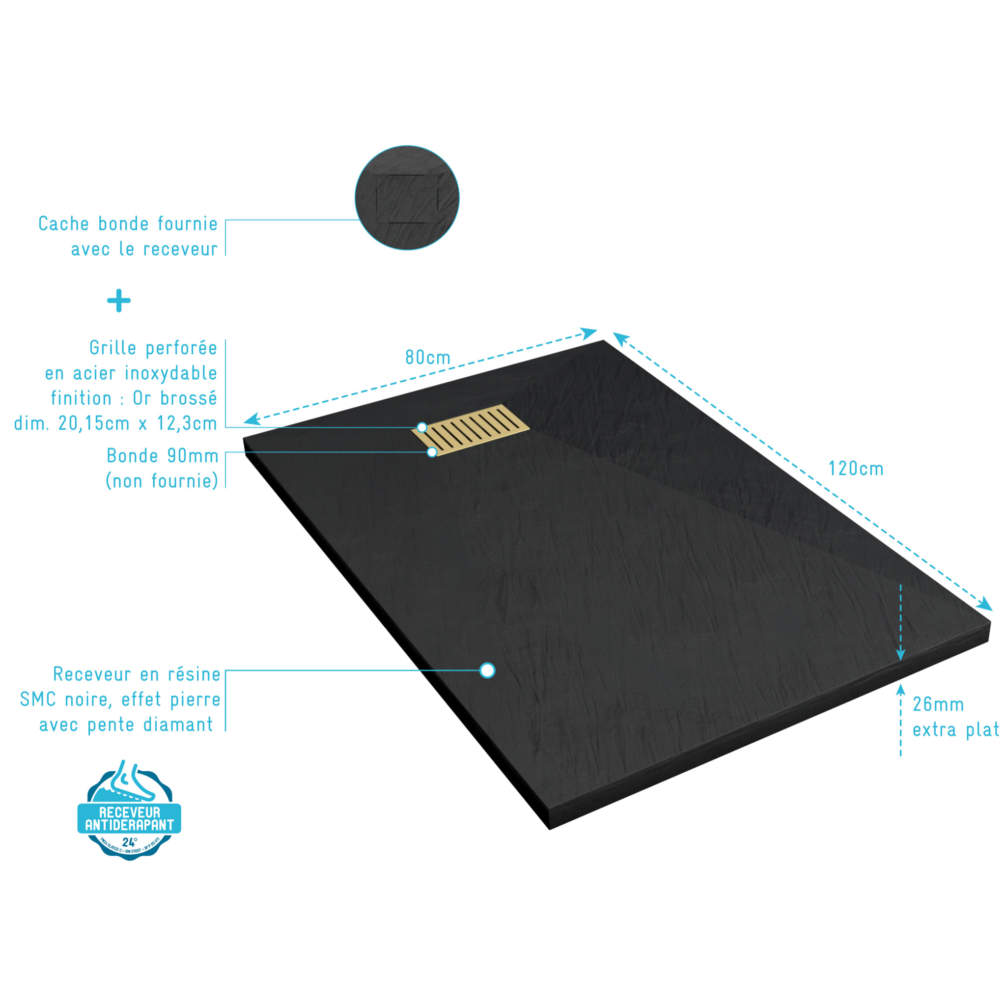 Receveur de douche Noir Effet Pierre 80x120 cm et Grille décor Linéaire Or Doré Brossé