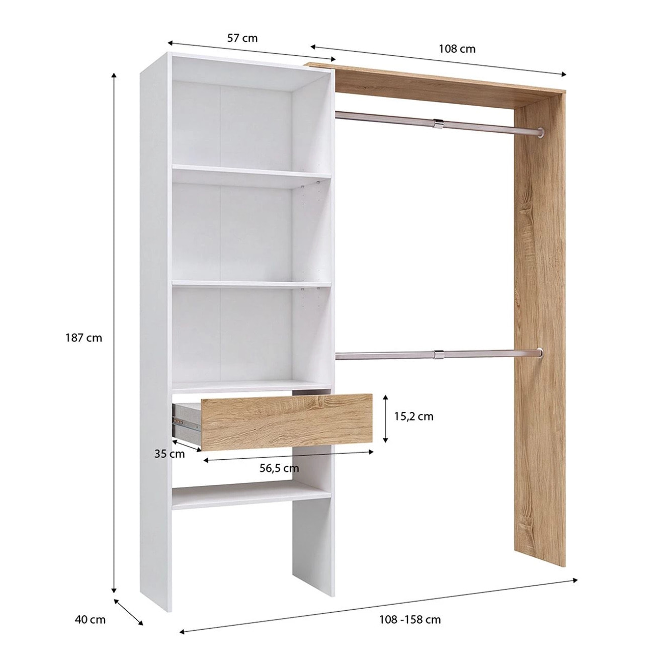 Armario vestidor abierto con diseño funcional en blanco artik y roble canadian 158x187 cm Aura Blanco Artik (Blanco Mate) - Roble Canadian