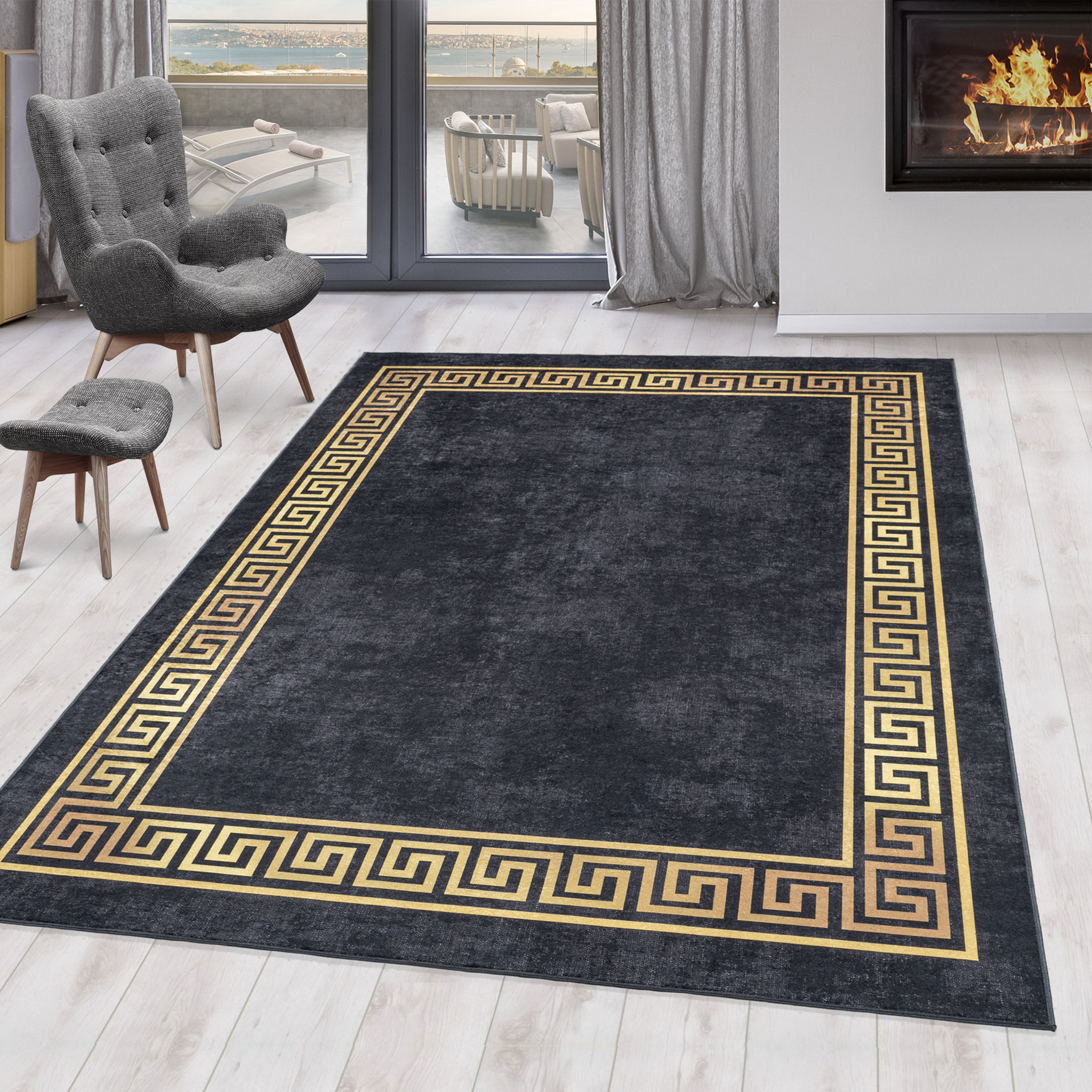 FIESTA - Tapis à frise grecque noir et doré