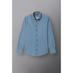 Camicia Uomo 2bottoni Button Down Doppio Collo Slim Popeline Stampato ottanio e blu