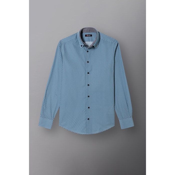 Camicia Uomo 2bottoni Button Down Doppio Collo Slim Popeline Stampato ottanio e blu