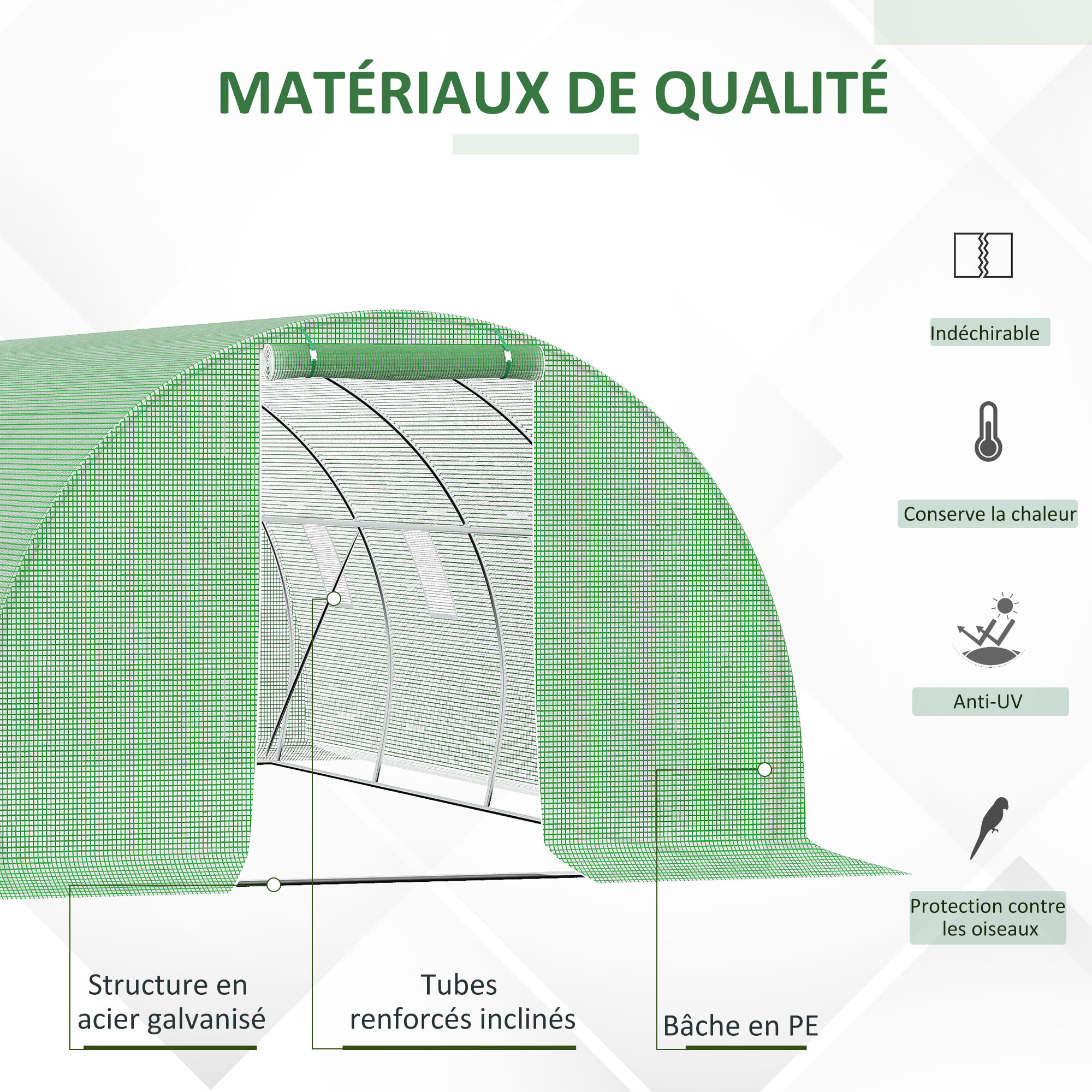 Serre de jardin tunnel 18 m² dim. 6L x 3l x 2H m - 8 fenêtres, porte zippée enroulable - châssis tubulaire acier galvanisé, bâche PE haute densité vert