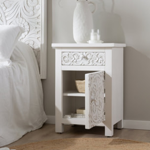 Table de chevet Indira -bois de manguier massif et mdf-couleur blanc brossé 50 x 70 x 40 cm