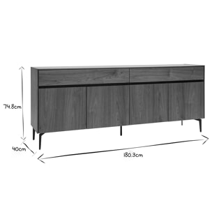 Buffet design en bois foncé noyer et métal noir 4 portes 2 tiroirs L180 cm BLISS