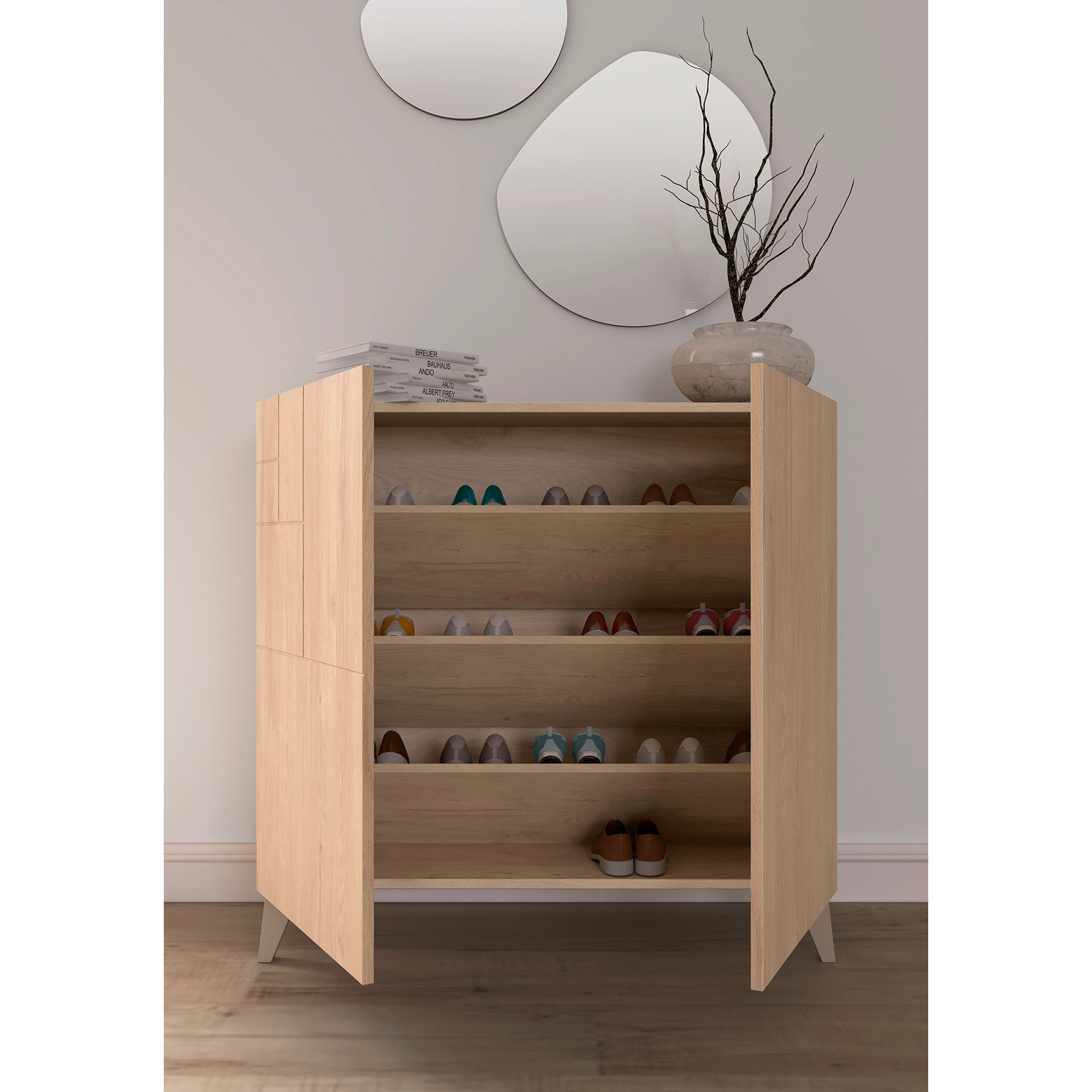 Zapatero Bergen melamina roble claro patas arena 87x90x27 cm